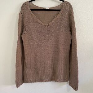 J.JILL XL Mocha Open Knit V Neck Long Sleeve Sweater 100% Cotton